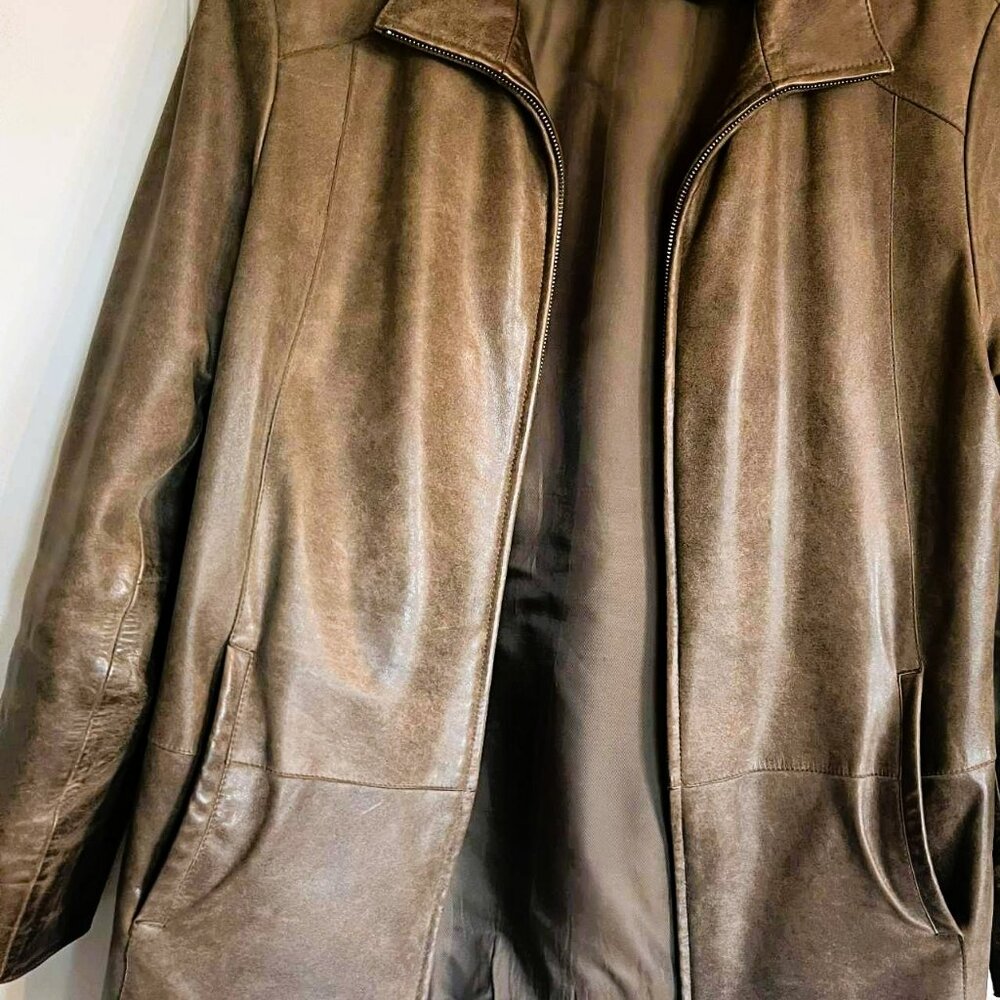 Bison Italian Leather Jacket Khaki Brown Size 52 XL Made in Italy Vintage